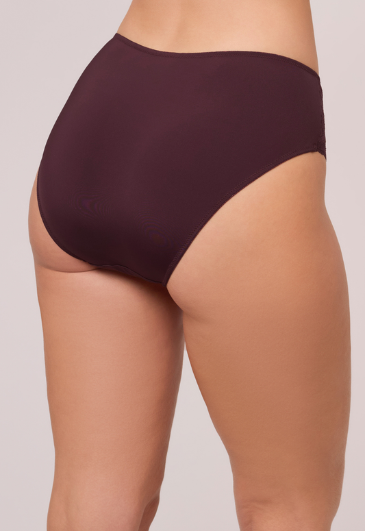 Maroon high-waisted underwear on a neutral background