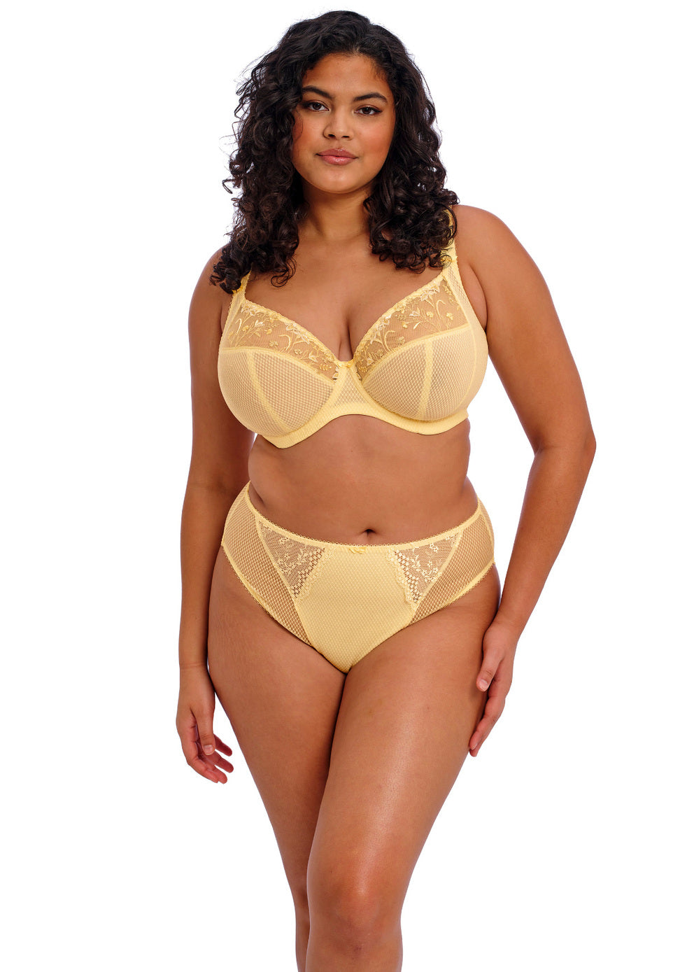 Model wearing the Elomi Charley High Leg Brief in Lemon Fizz with the matching bra