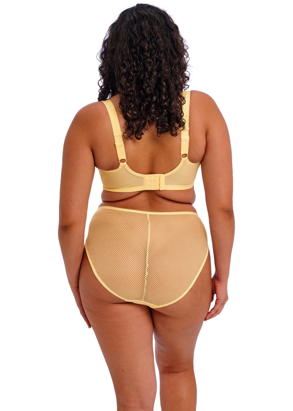 Model wearing the Elomi Charley High Leg Brief in Lemon Fizz with the matching bra from behind