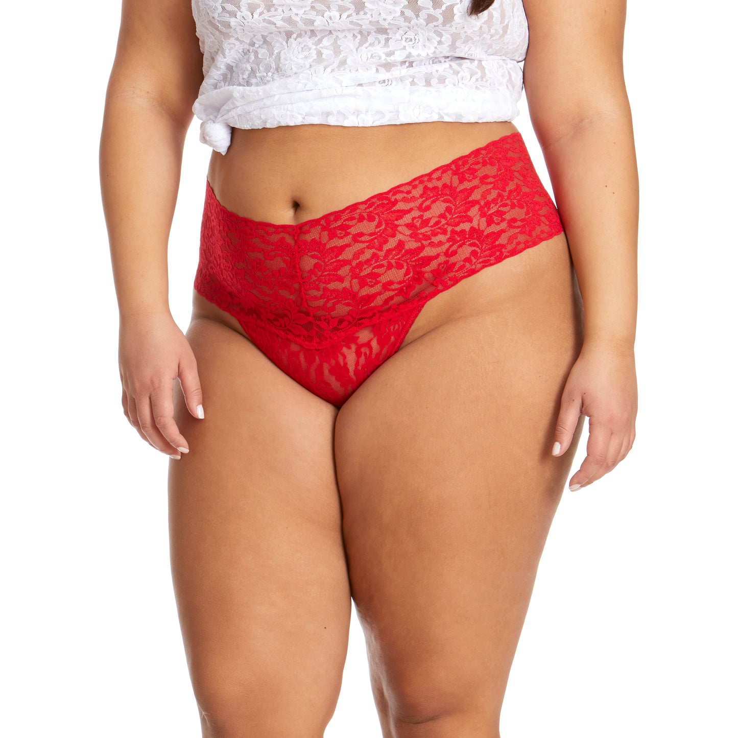 Hanky Panky Plus Retro Thong Red worn by model front view
