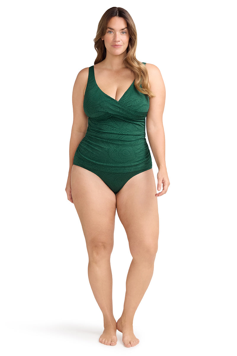 Model is wearing the Delacroix Crossover Tankini by Artesands in Forest Green
