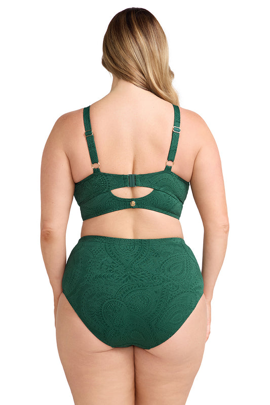 model wears Artesands Cezanne Bikini and Raphael Bottom in forest green showing the back detail