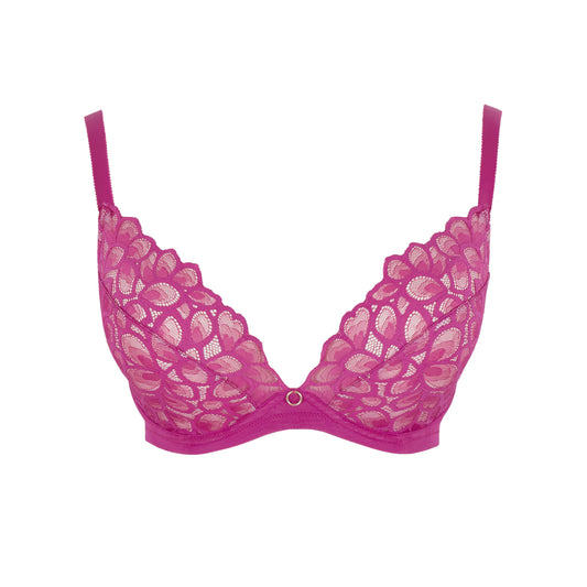 Purple lace bra on a white background
