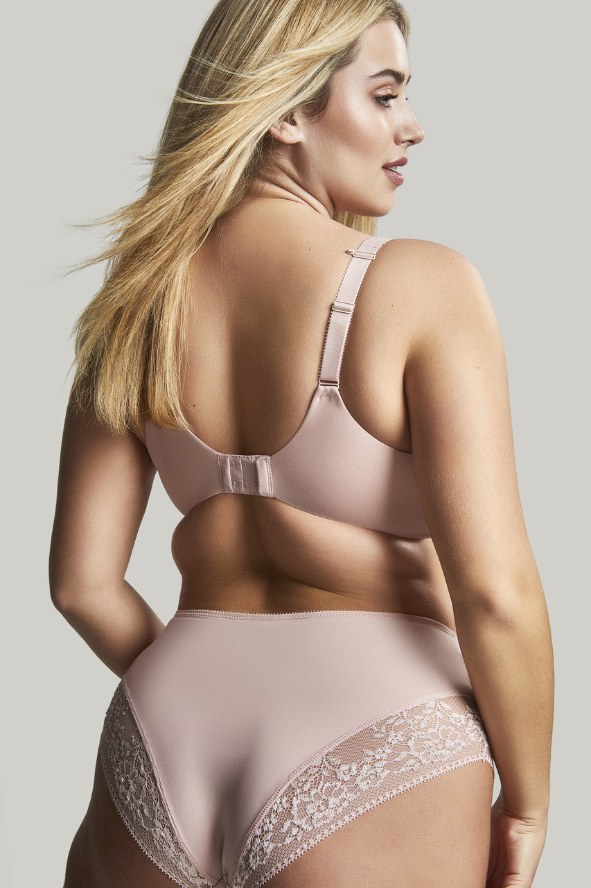 Model shows the Roxie Plunge Bra and High Waist Brief in Misty Rose. Back View.