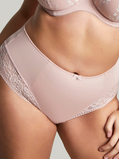 Model shows the Roxie High Waist Brief in Misty Rose.