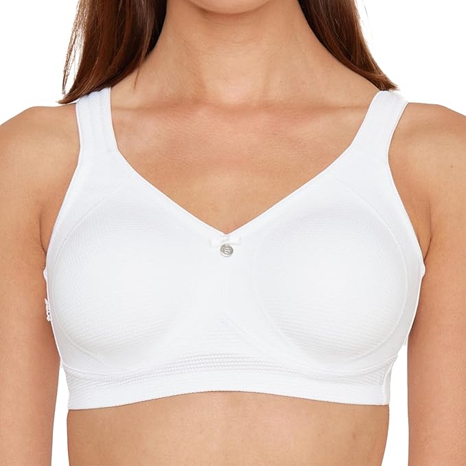 Capri Wireless Bra in White worn by model front view up close