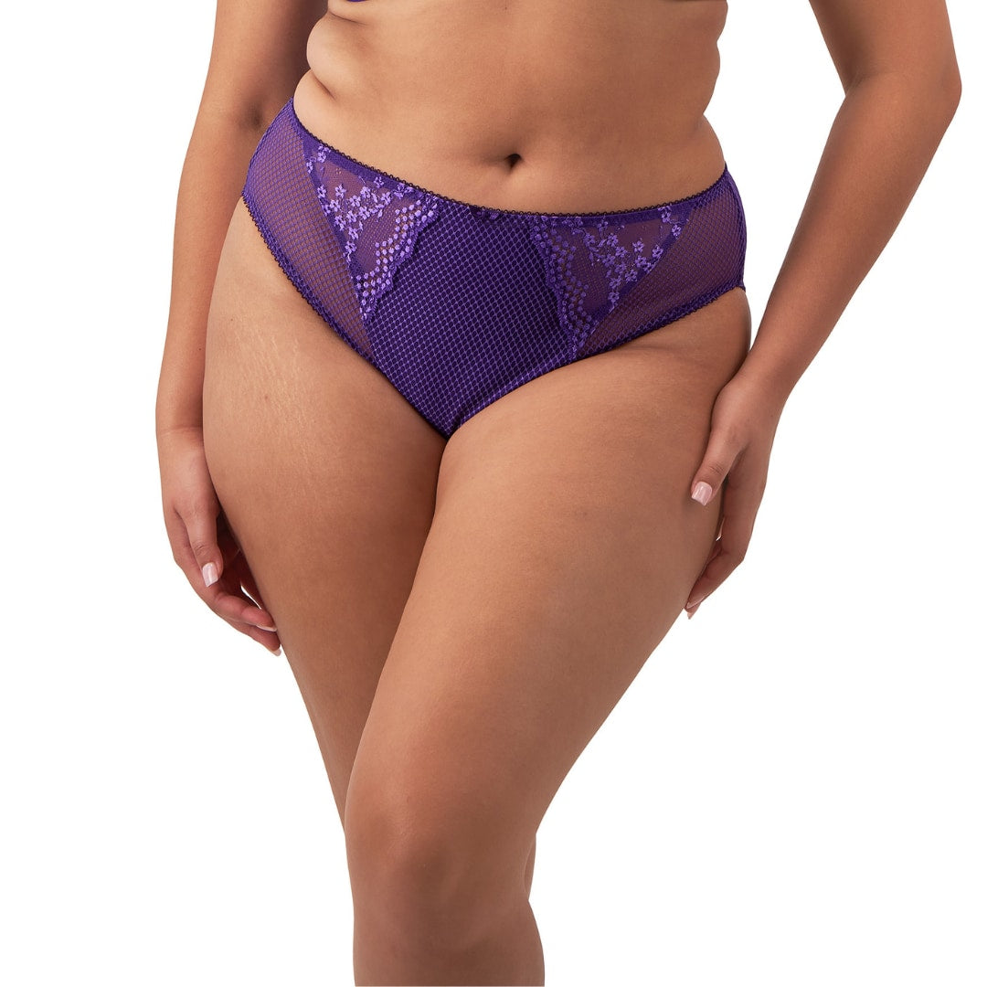 Charley High Leg Brief in Iris worn by model front view