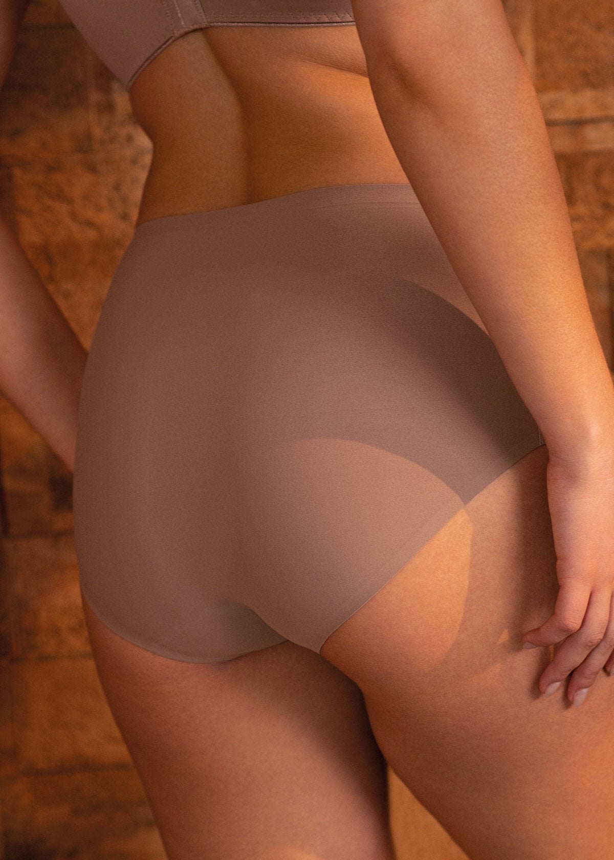 Smoothease Full Brief One Size Taupe worn by model lifestyle image