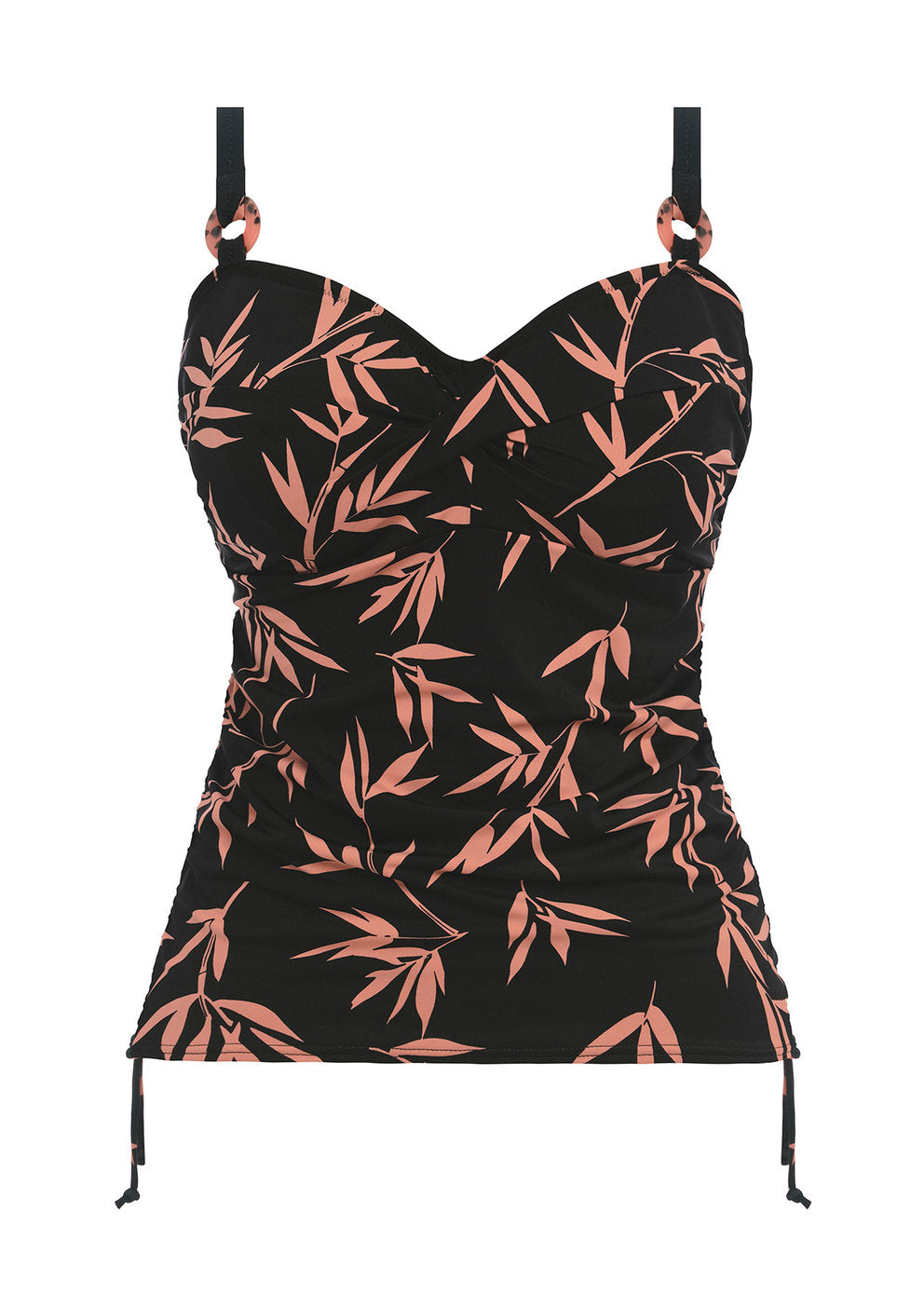 Product shot of Fantasie Swim Luna Bay Tankini Top in lacquered black with copper fern print.