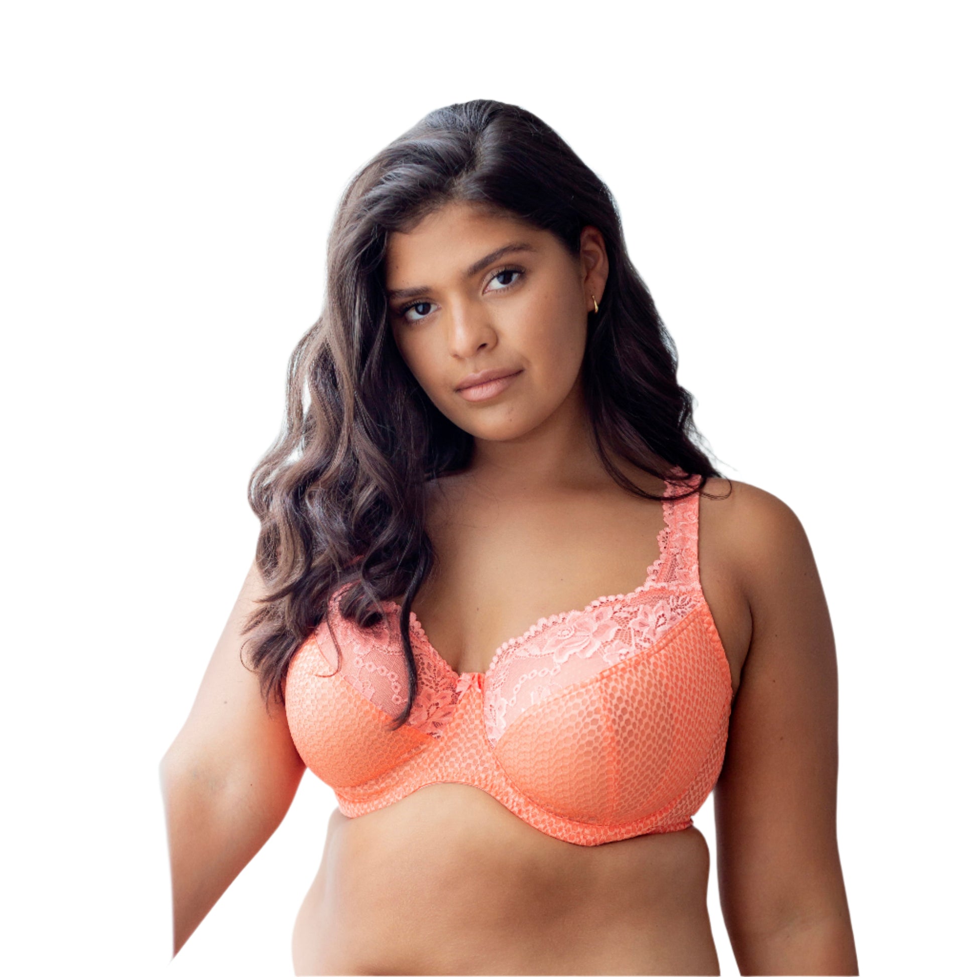 Serena Lace Bra - Fusion Coral worn by model lifestyle image