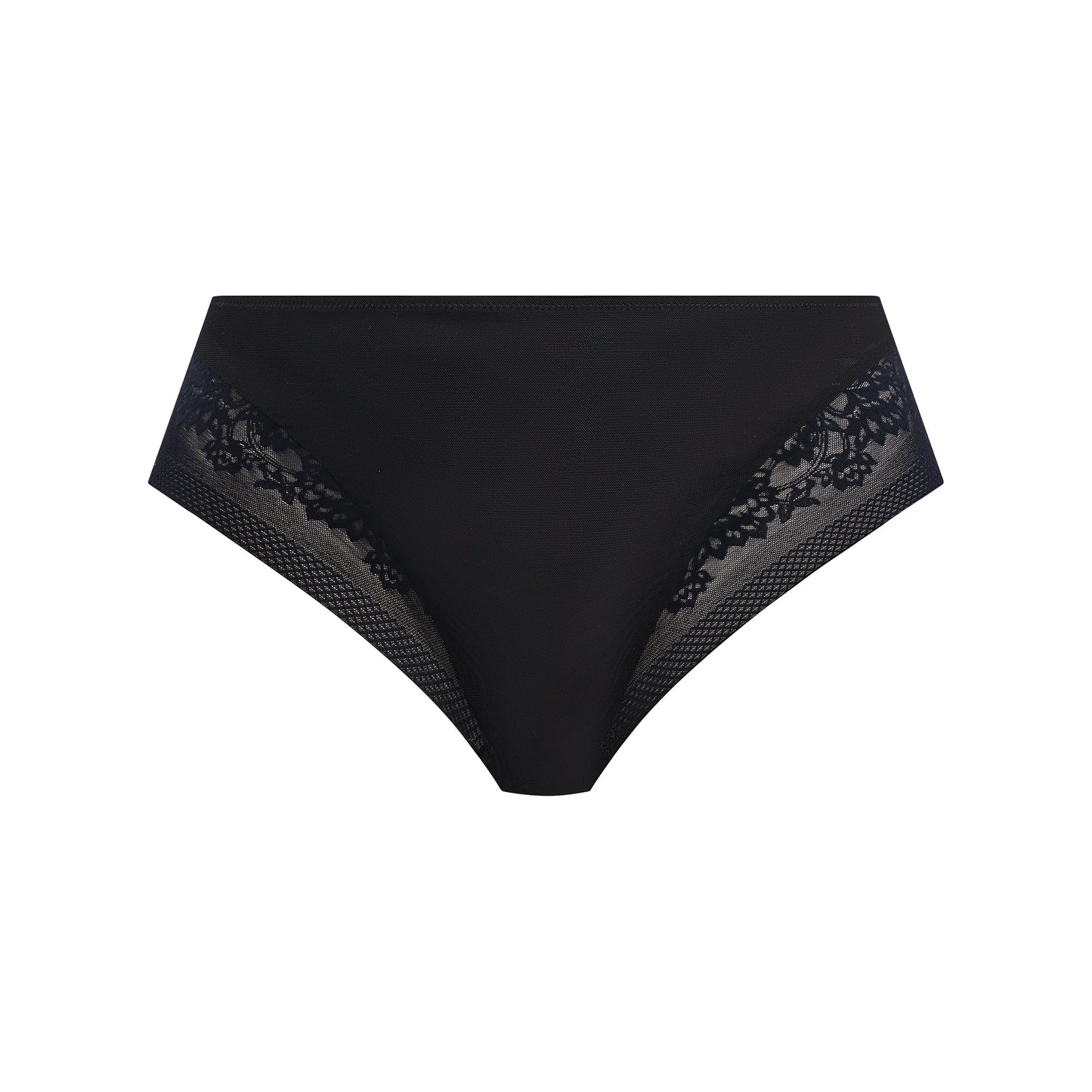 Black women's underwear with lace trim on a white background