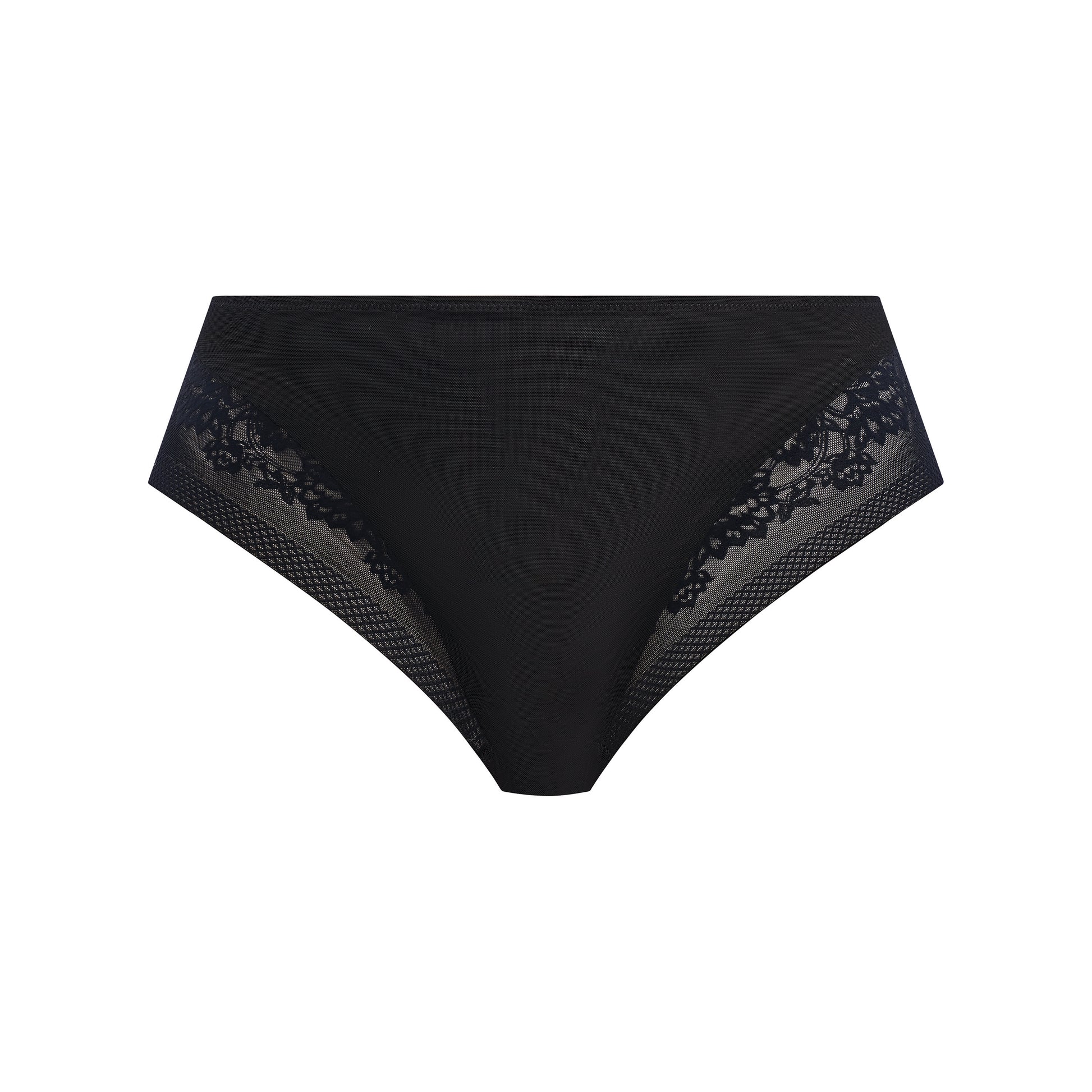 Black women's underwear with lace trim on a white background