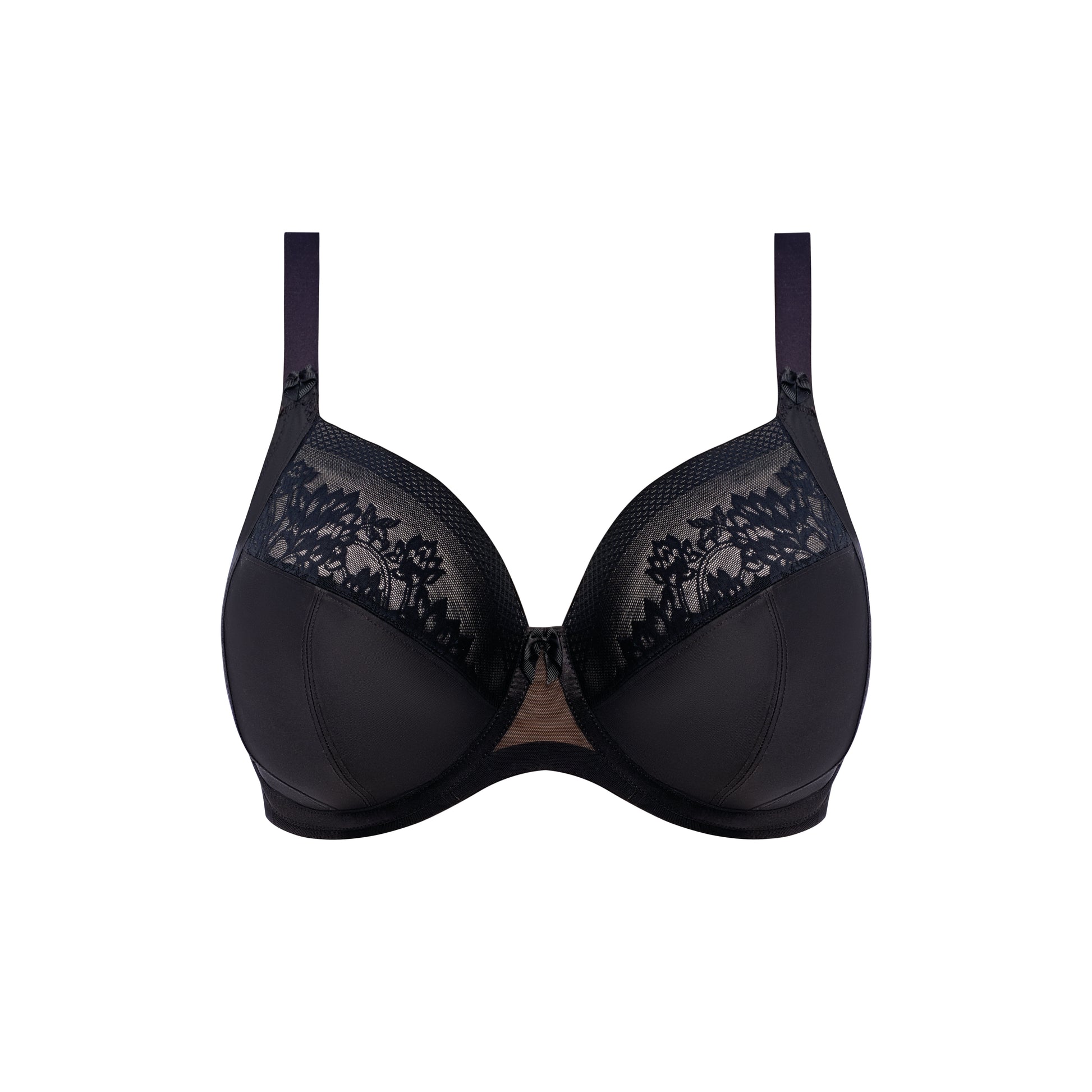 Black bra with floral lace details on a white background