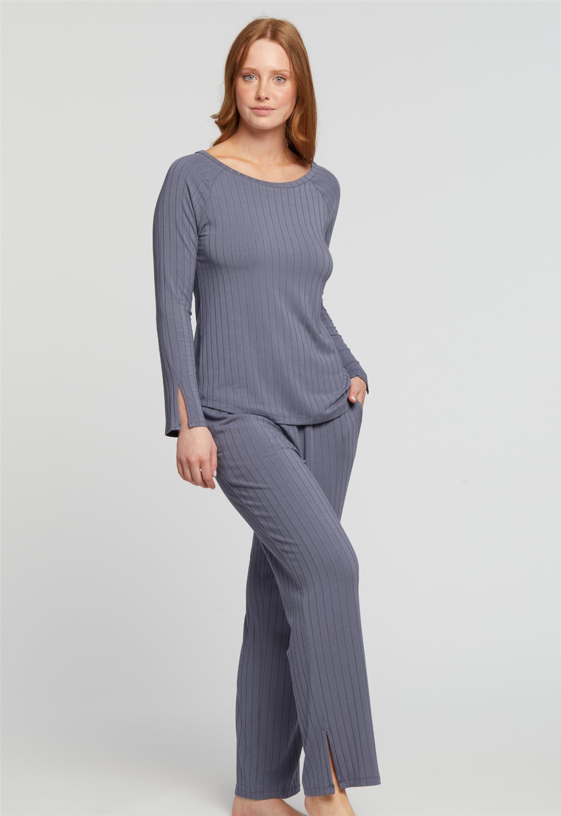 Ribbed Long Sleeve PJ Set - French Grey worn by model front view