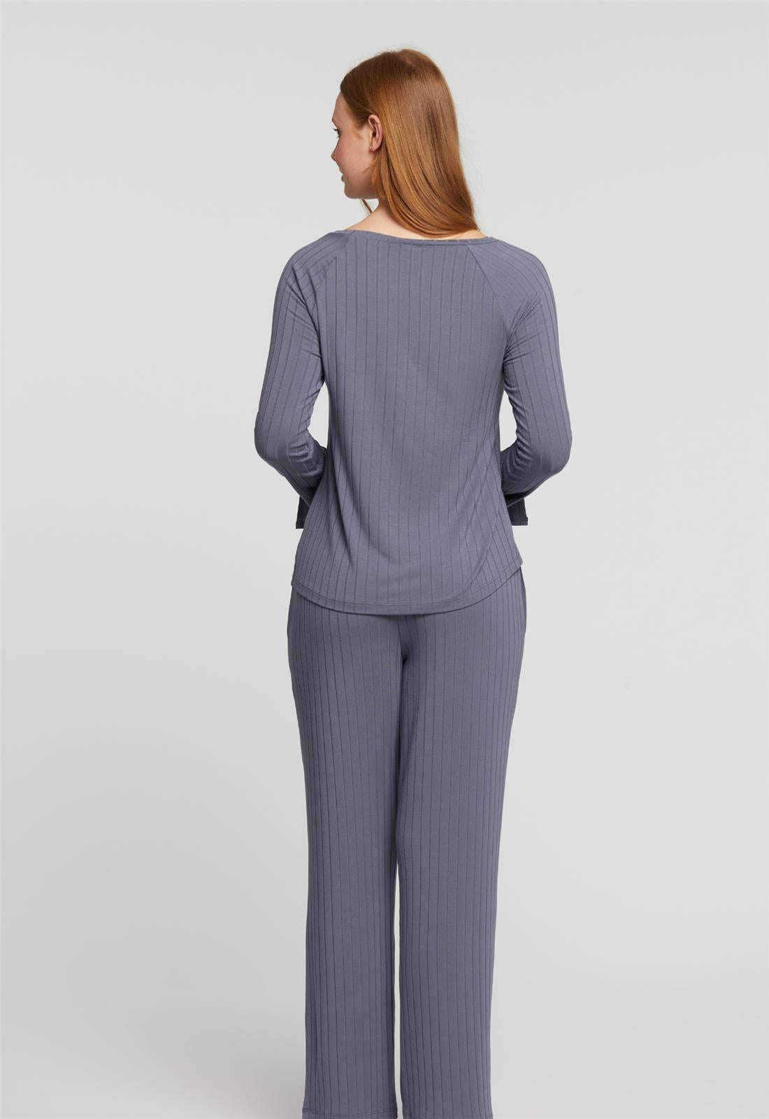 Ribbed Long Sleeve PJ Set - French Grey worn by model back view