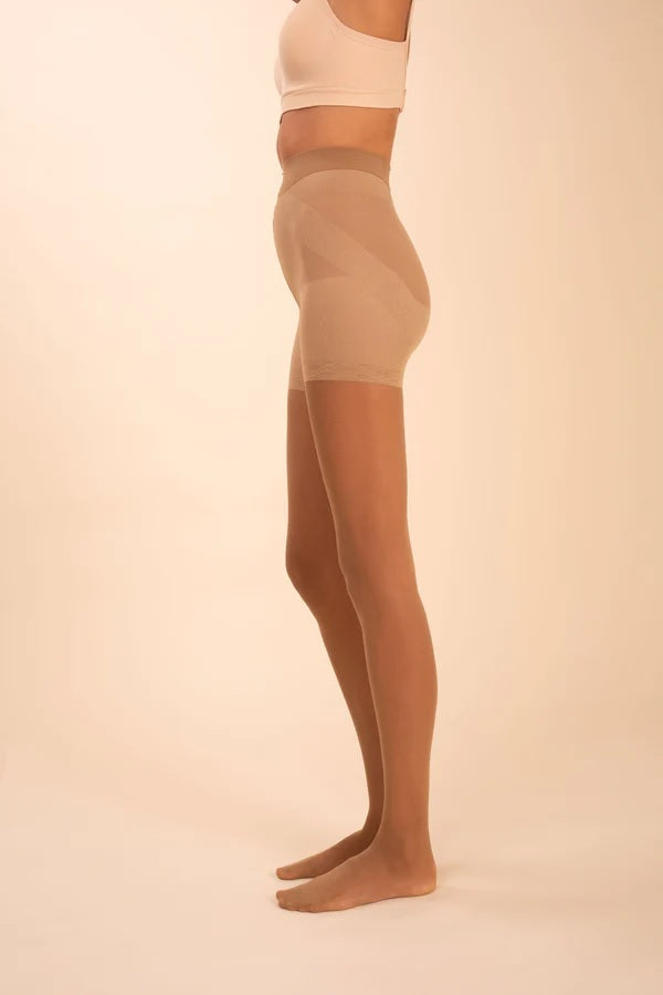 Model is wearing Threads Sheer Contour pantihose in Tan colour, side view