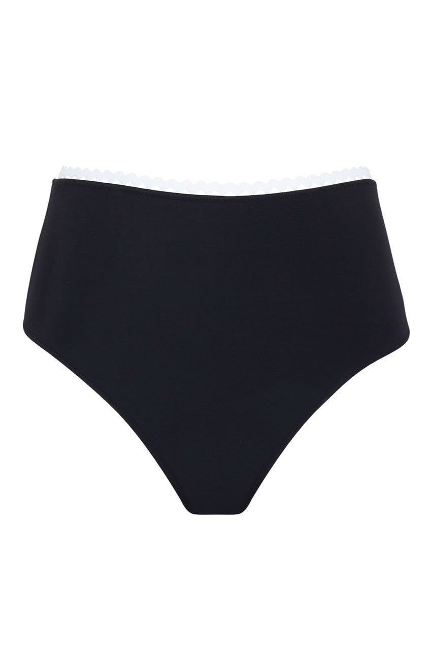 Black high-waisted bikini bottom on a white background