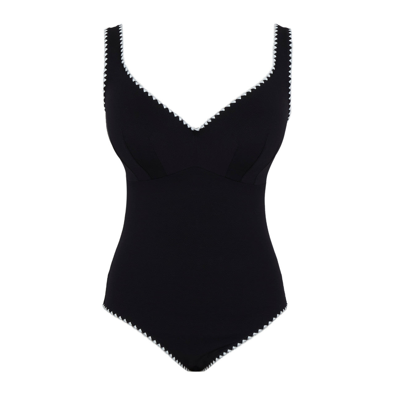 Black swimsuit with scalloped edges on a white background
