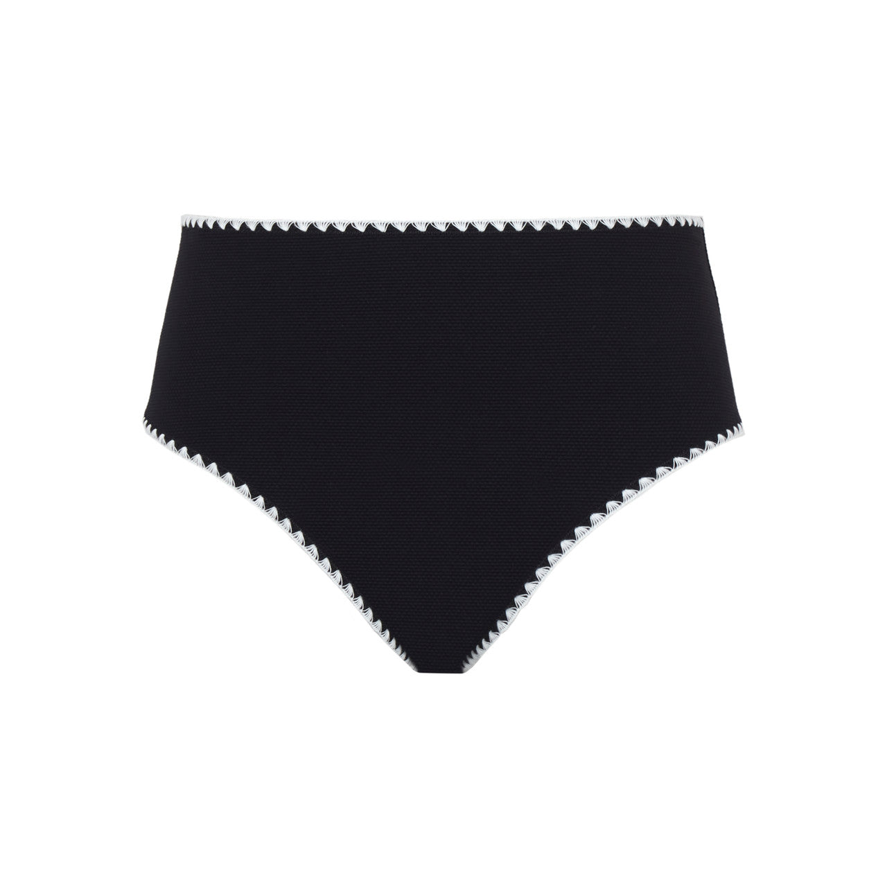 Black high-waisted bikini bottom with white trim on a white background