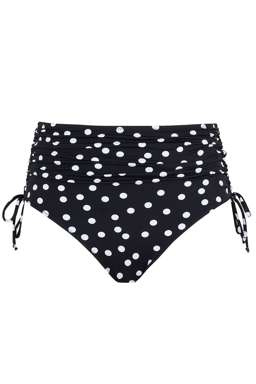 Black bikini bottom with white polka dots on a white background