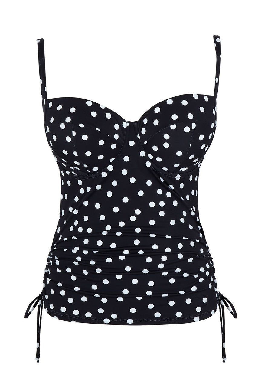 Black and white polka dot tankini top on a white background