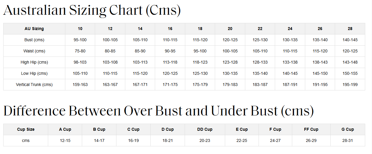 Australian sizing chart for bras with cup size measurements.