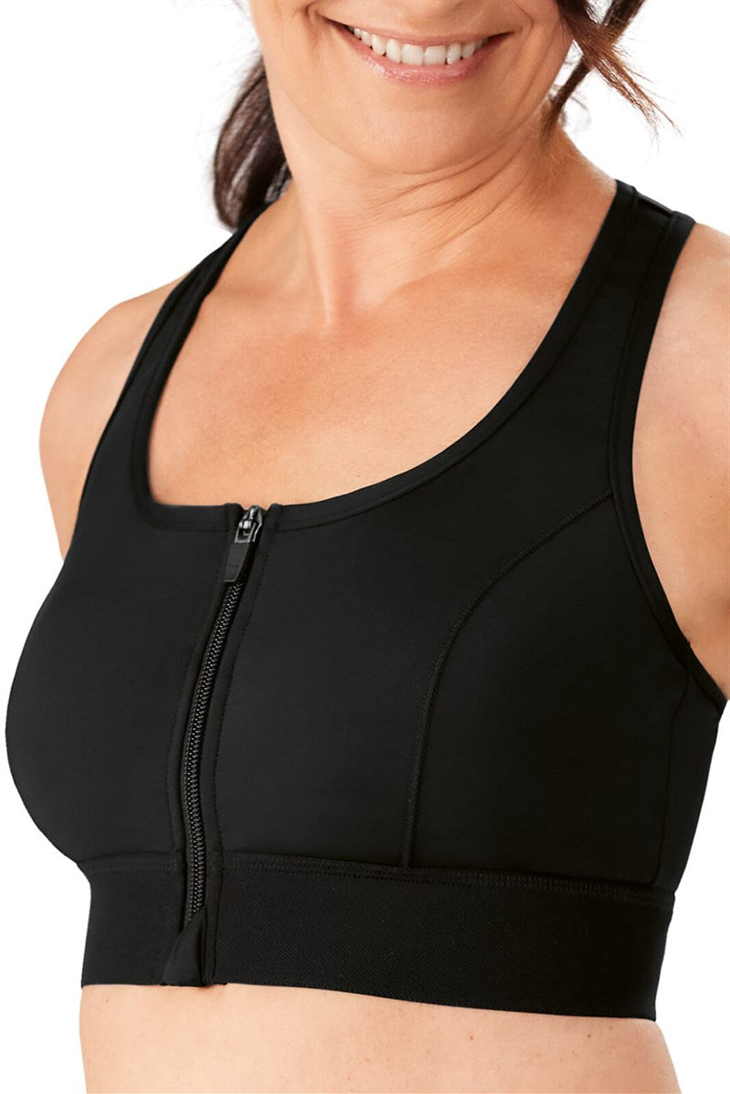 Zipper Pocketed Sports Bra - Black worn by model front view