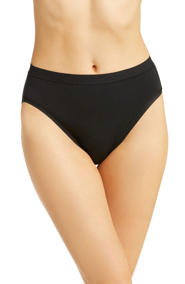 Black high-waisted bikini bottom on a white background