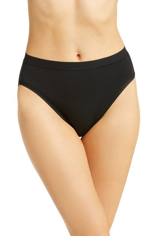 Black high-waisted bikini bottom on a white background