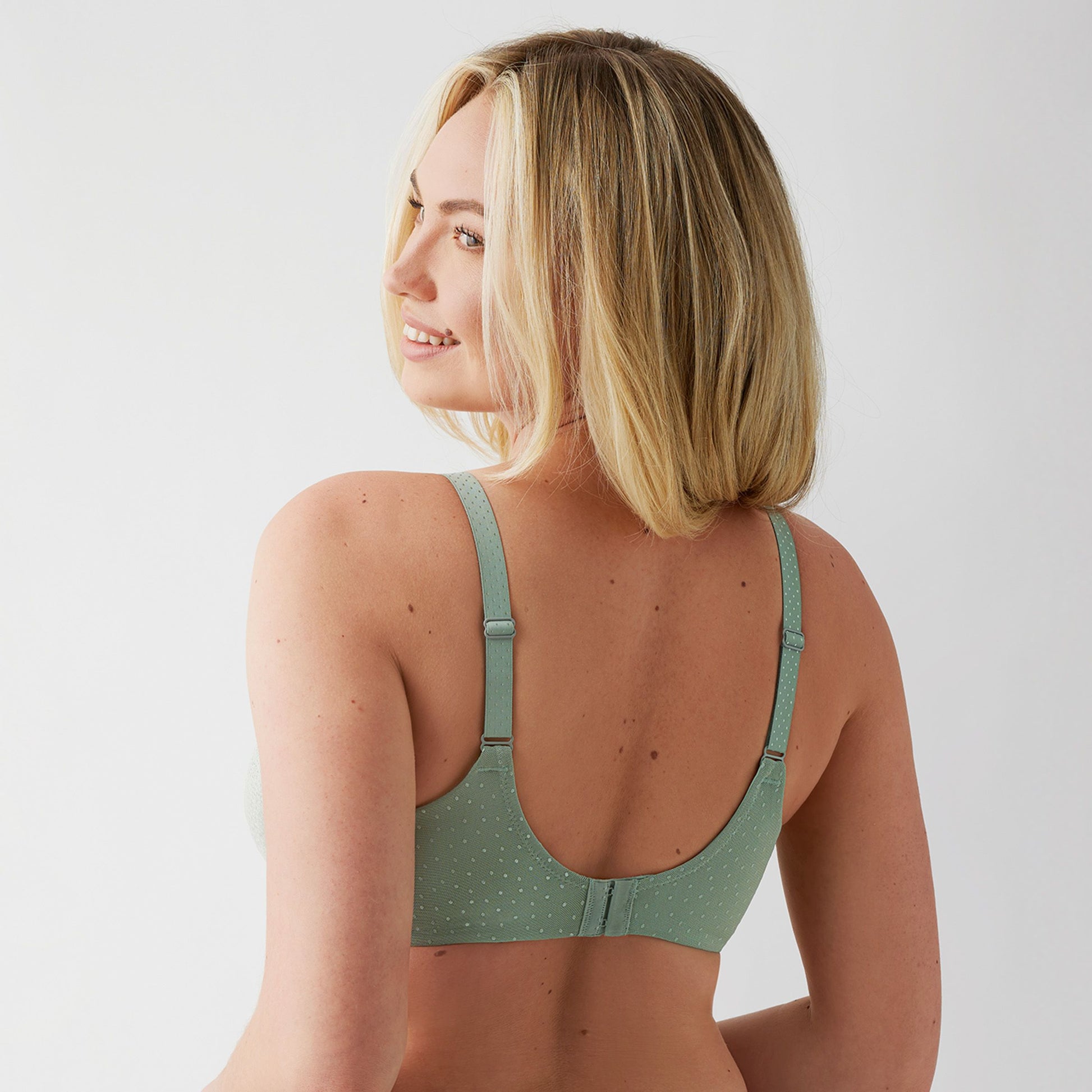 Wacoal Back Appeal Underwire Bra in Iceberg Green worn by model back view