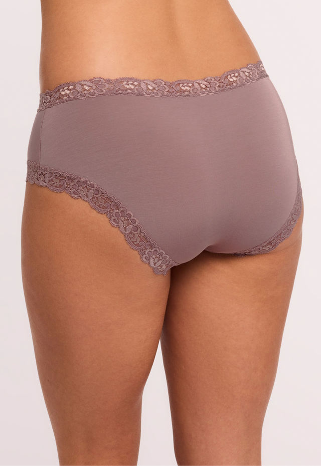 Brown underwear with lace trim on a white background