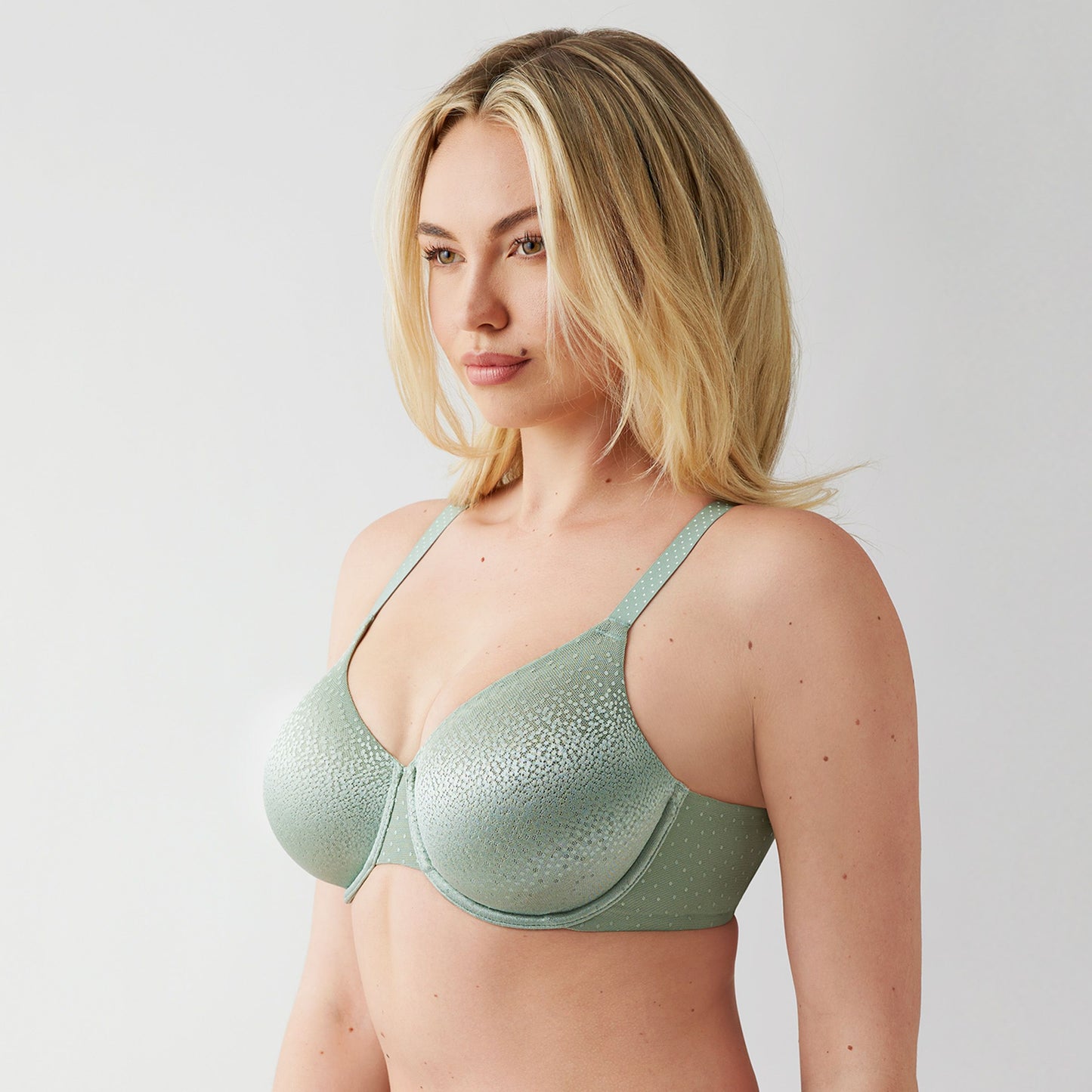 Wacoal Back Appeal Underwire Bra in Iceberg Green worn by model front view