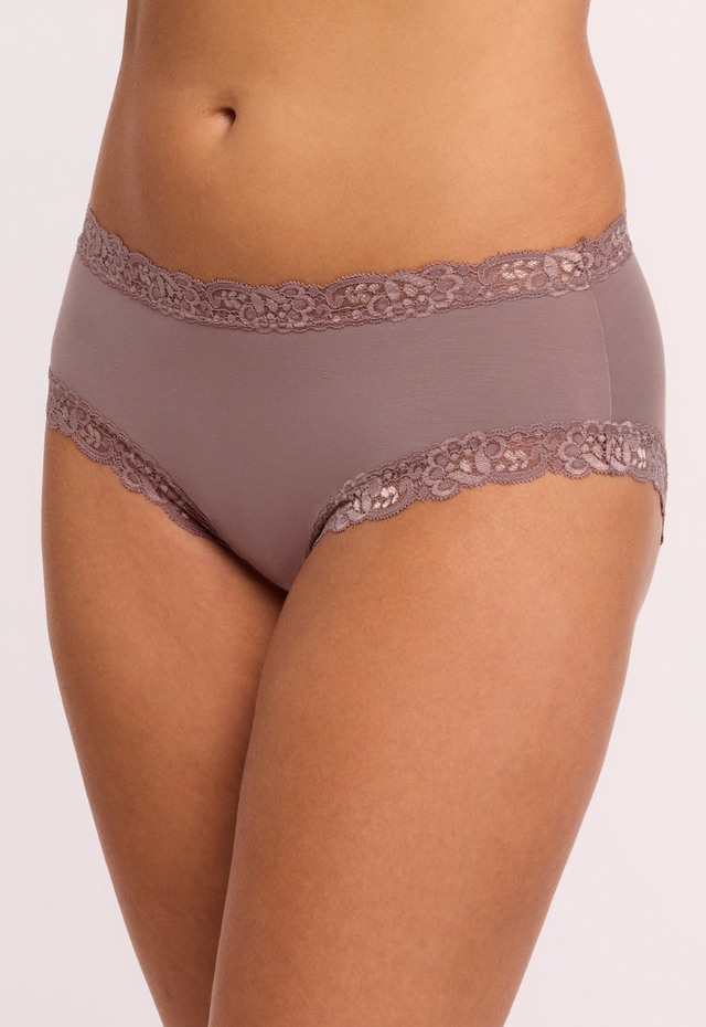 Brown lace-trimmed underwear on a white background