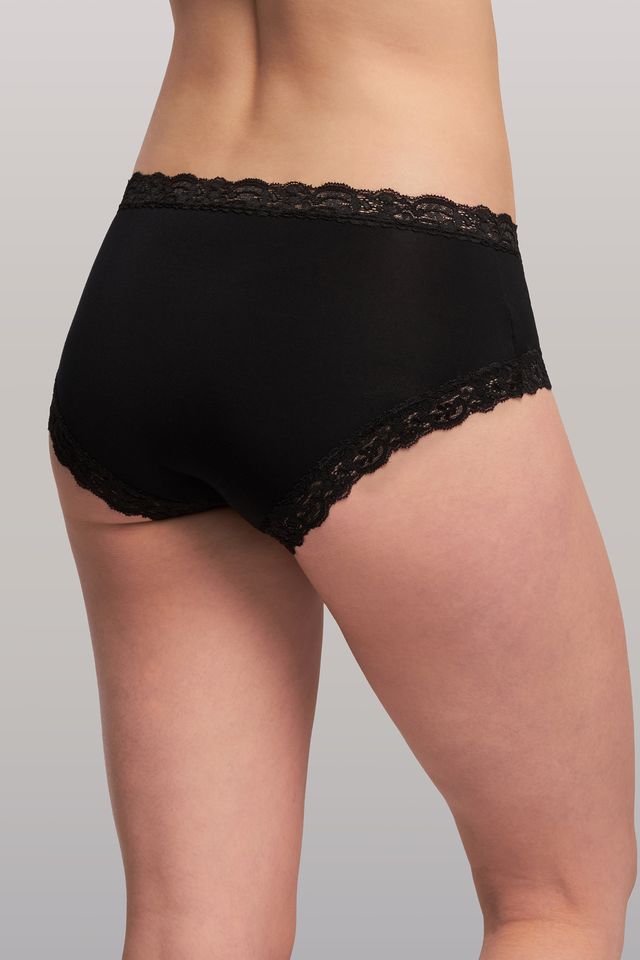 Black lace-trimmed underwear on a plain background