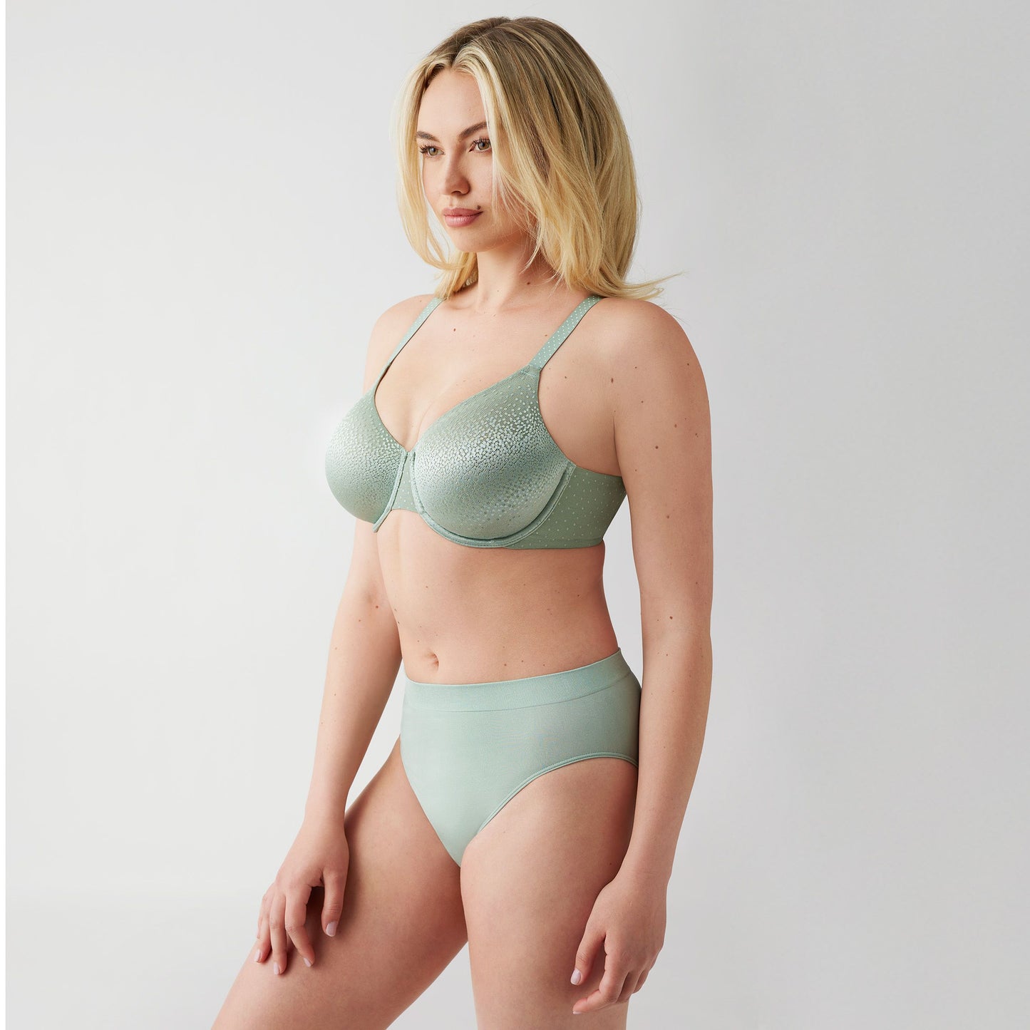 Wacoal Back Appeal Underwire Bra in Iceberg Green worn by model front view