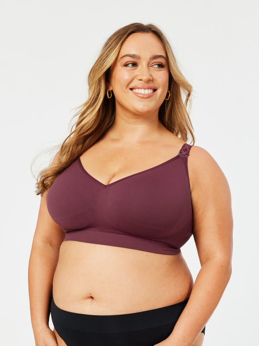 Popping Candy Busty Maternity & Nursing Bra Plum worn by model front view