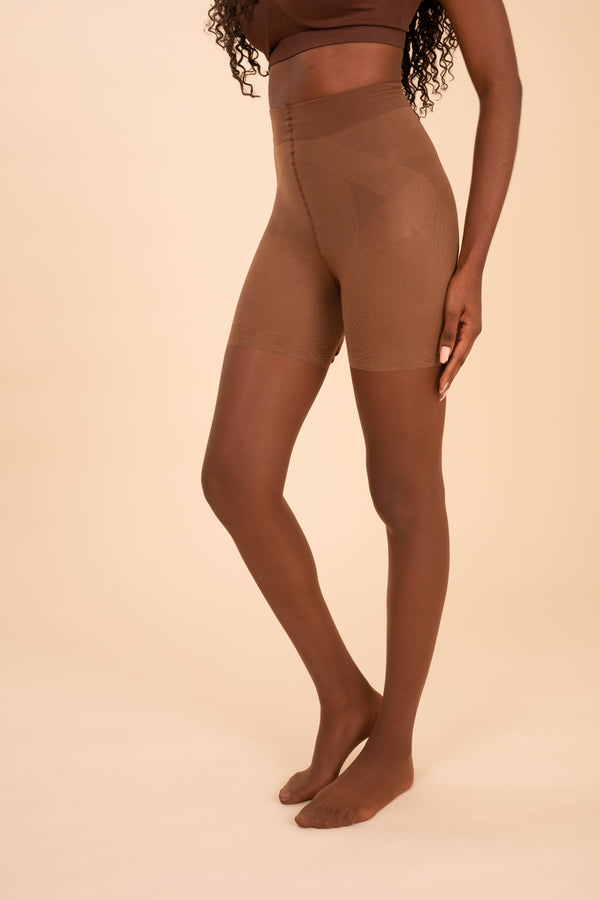 Model is showing the Threads Sheer Contour Pantihose in Espresso.