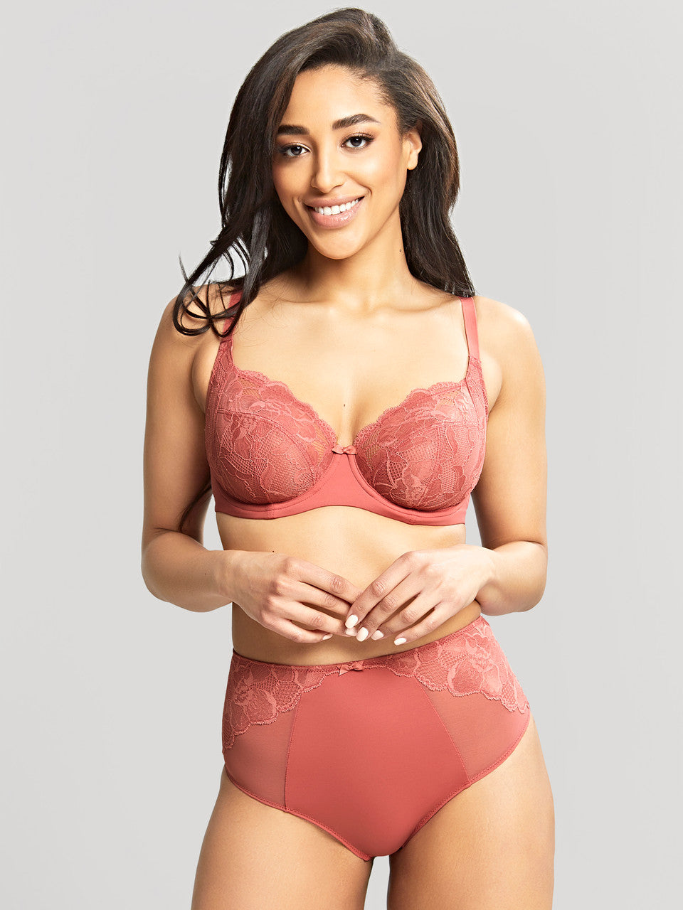 Rocha Low Front Balconnet Bra and Deep Brief in Garnet Rose worn by model front view