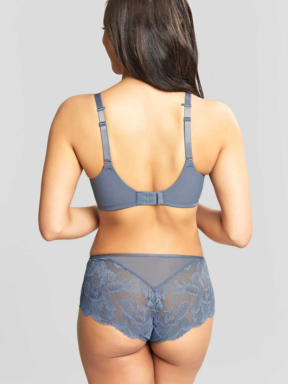 Radiance Full Coverage Bra and matching panty in Steel Blue worn by model back view