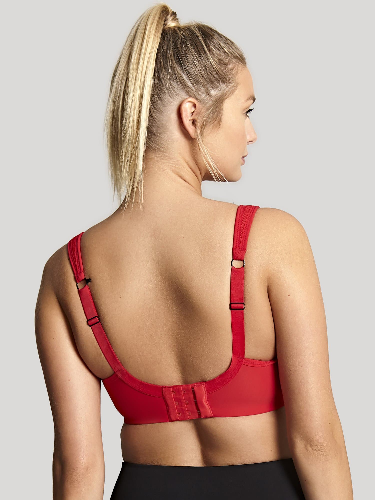 Panache Wired Sports Bra in Fiery Red, worn by model in back view product image.Panache Wired Sports Bra - Fiery Red worn by model back view