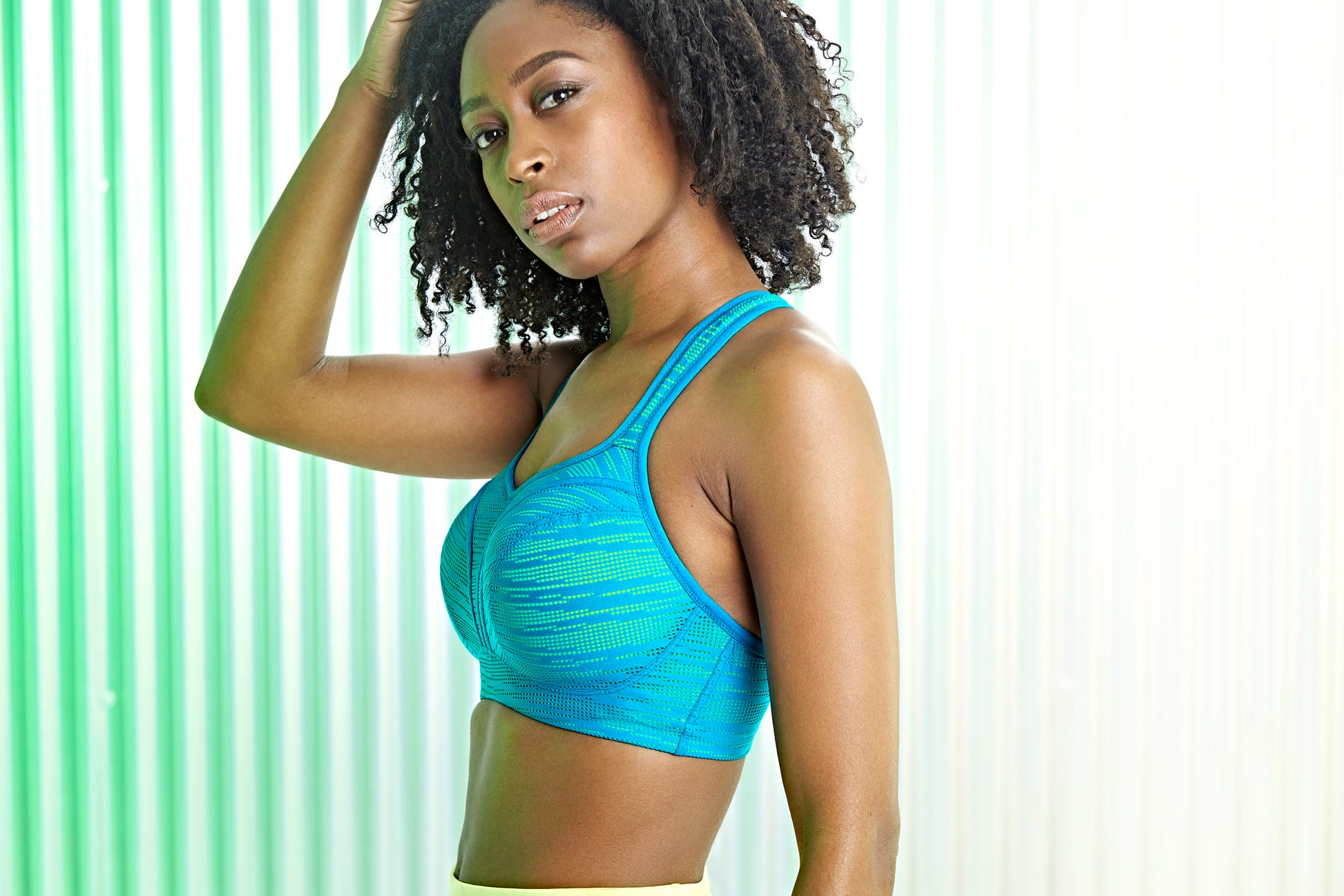 Panache Wired Sports Bra - Teal/Lime Mix worn by model lifestyle image