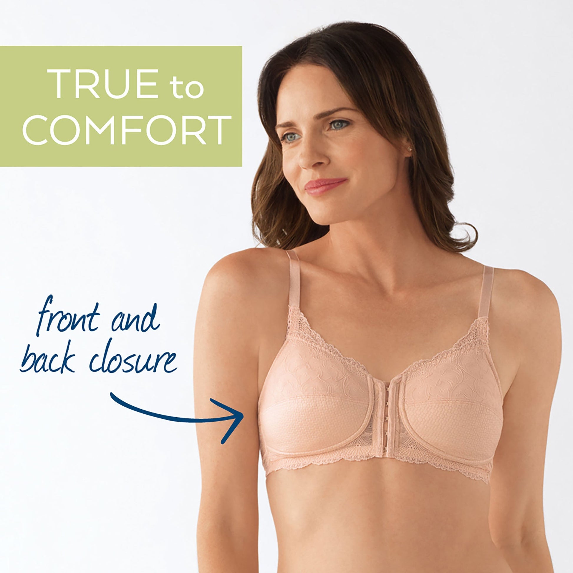 Ellen Post Surgical Front Closure Bra - Rose/Chai worn by model front view