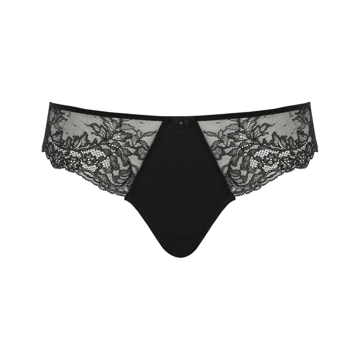 Panache Ana Thong in black stretch lace is shown in a front view product shot.