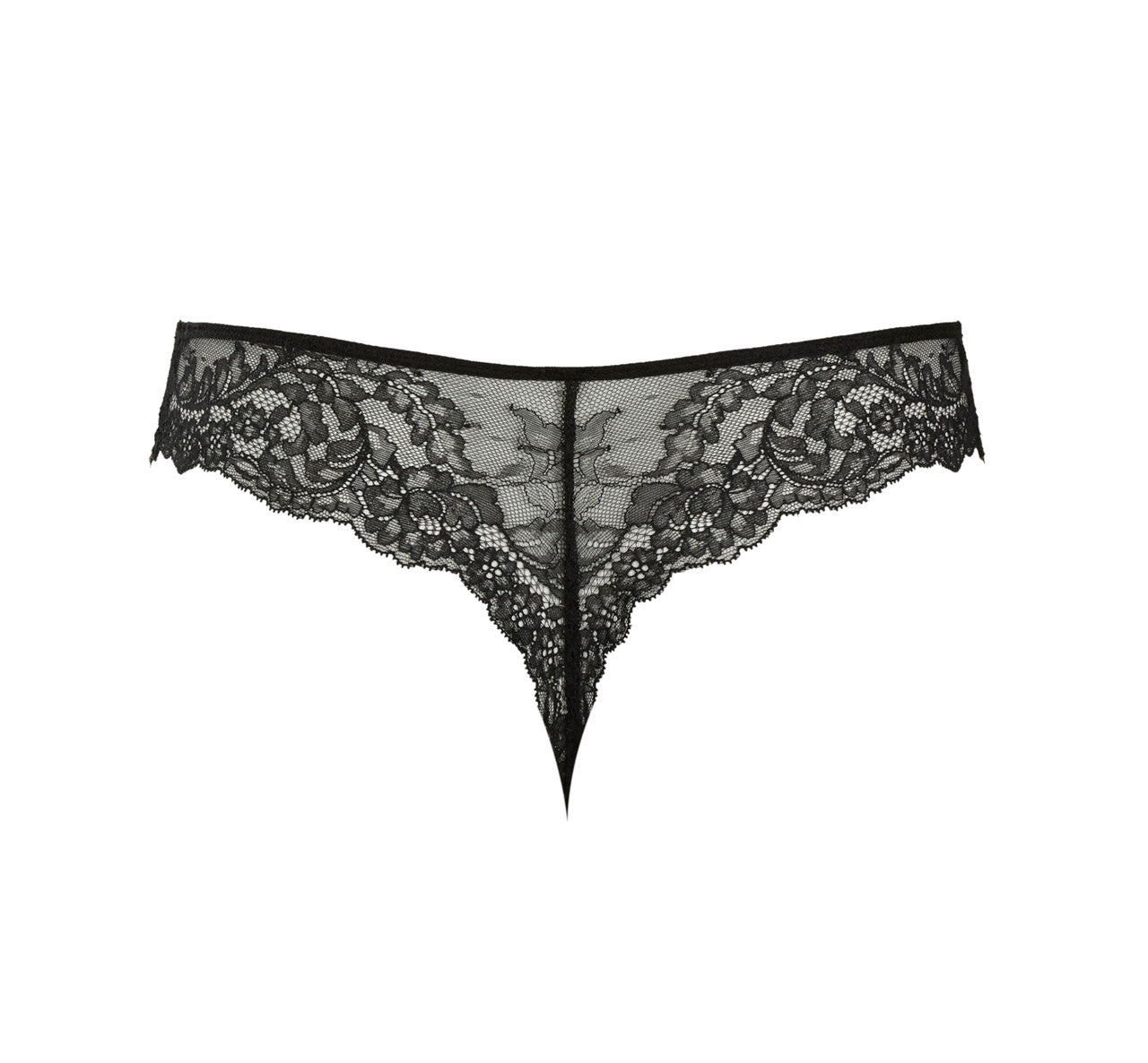 Panache Ana Thong in black stretch lace is shown in a back view product shot.
