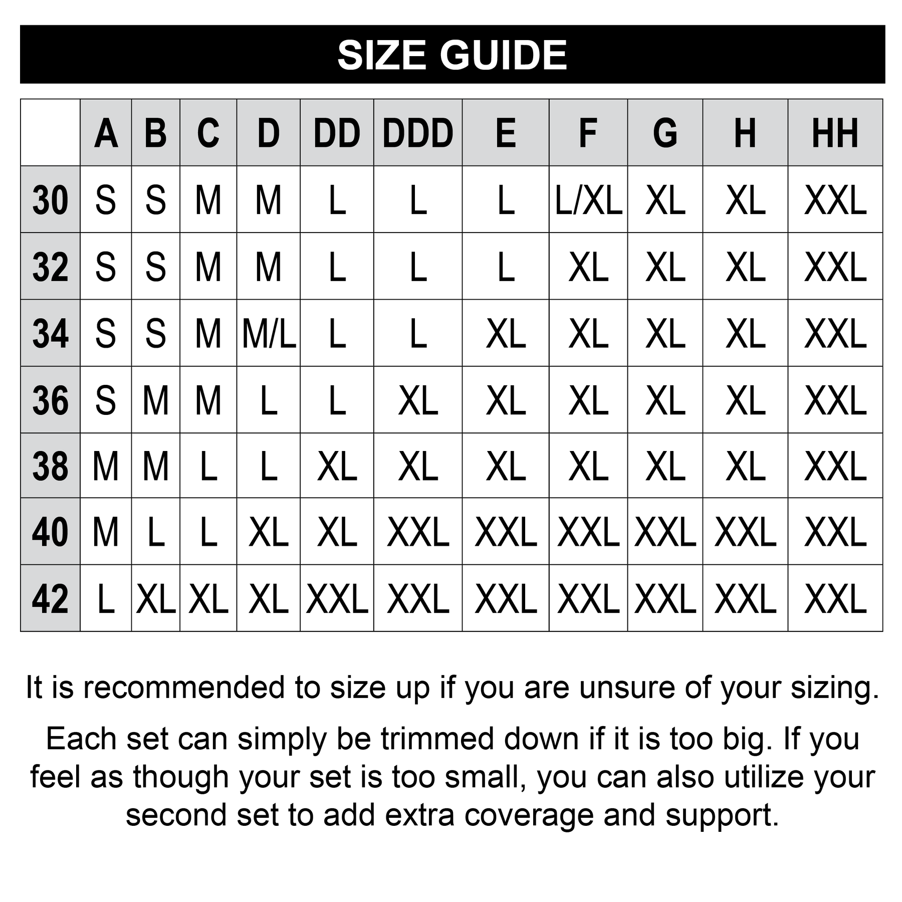Luxury Breast Tape size guide table