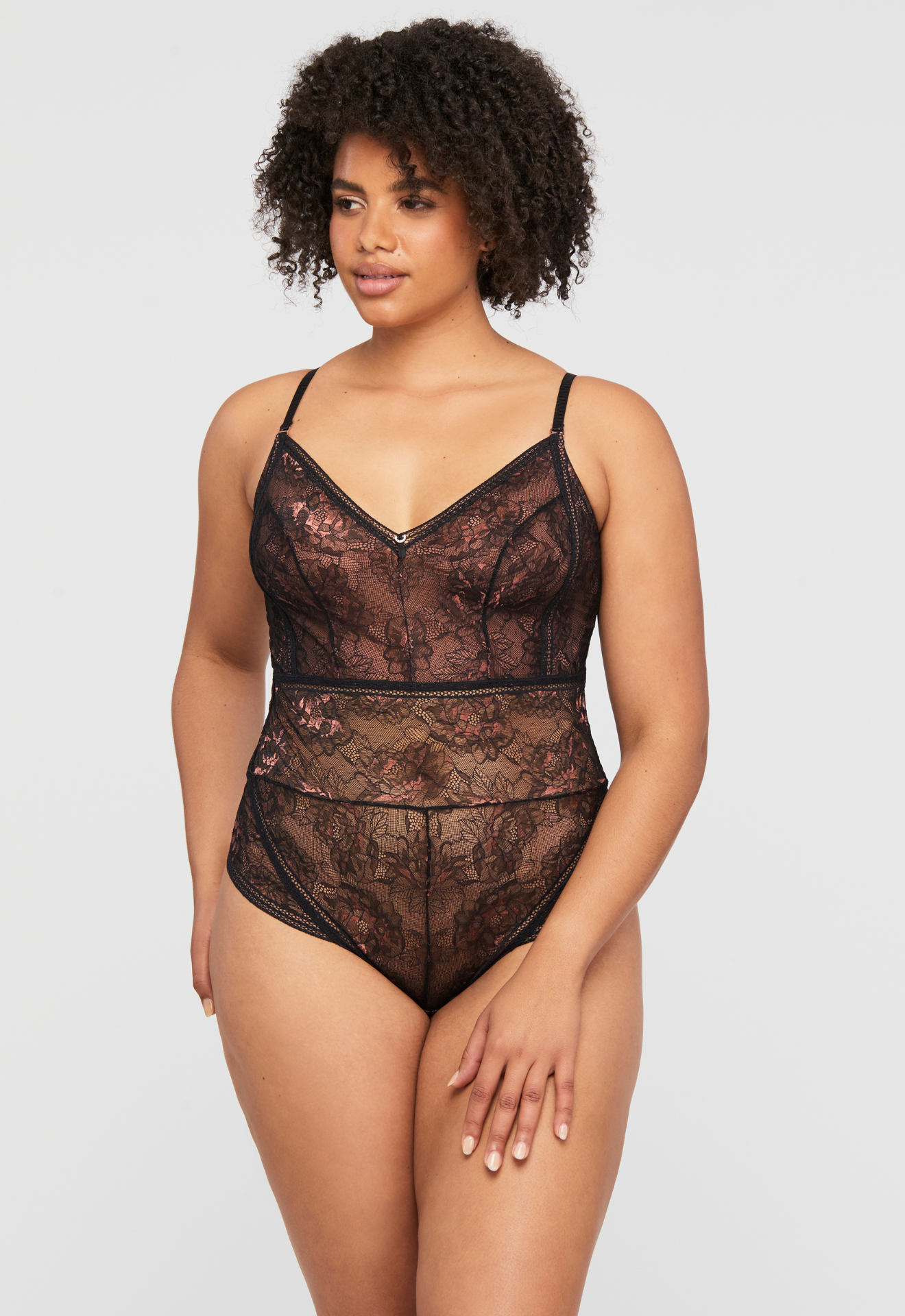 Enchanted Lace Bodysuit - Black/Pecan, worn by model, front view