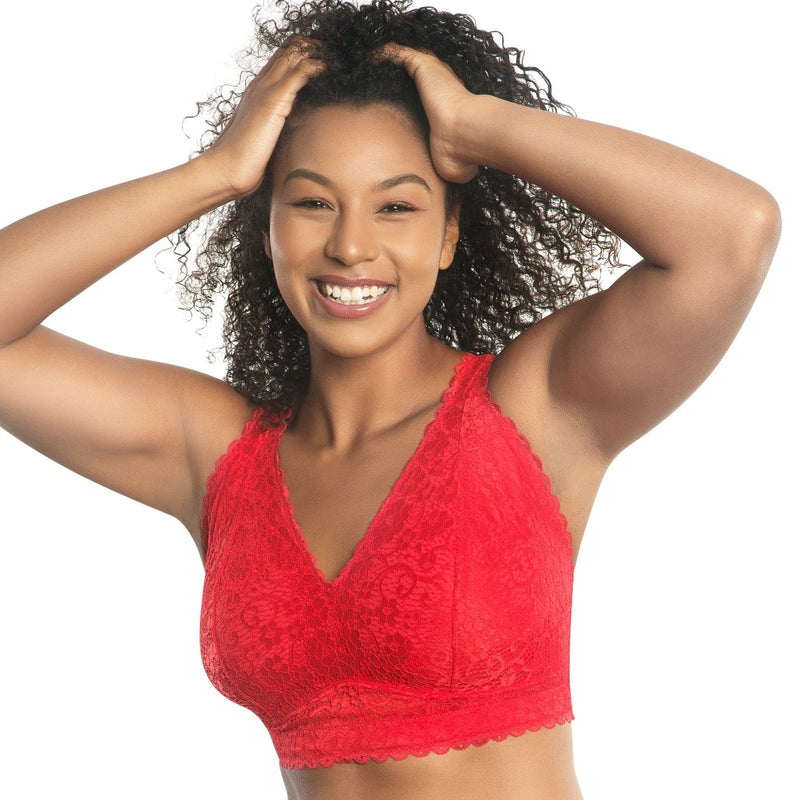 Adriana Wire-Free Lace Bralette - Racing Red worn by model front view