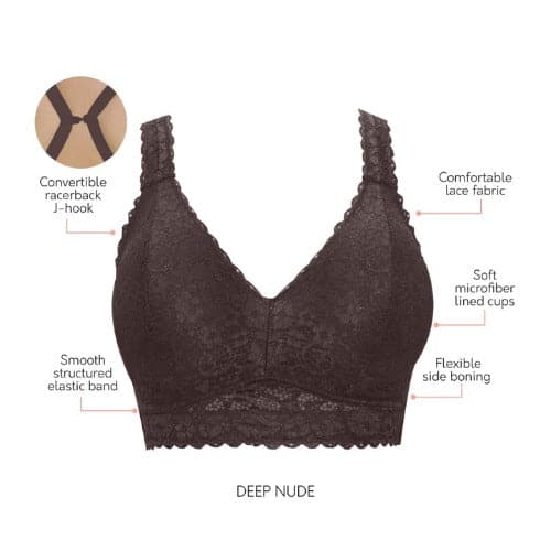 Adriana Wire-Free Lace Bralette in Deep Nude product poster with bra features