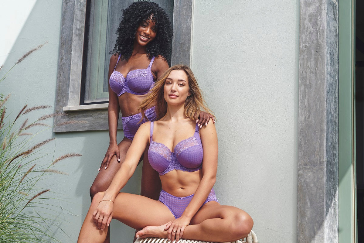 Envy Full Cup Bra and Brief in Violet worn by models in lifestyle imageEnvy Full Cup Bra - Violet, worn by models, lifestyle image