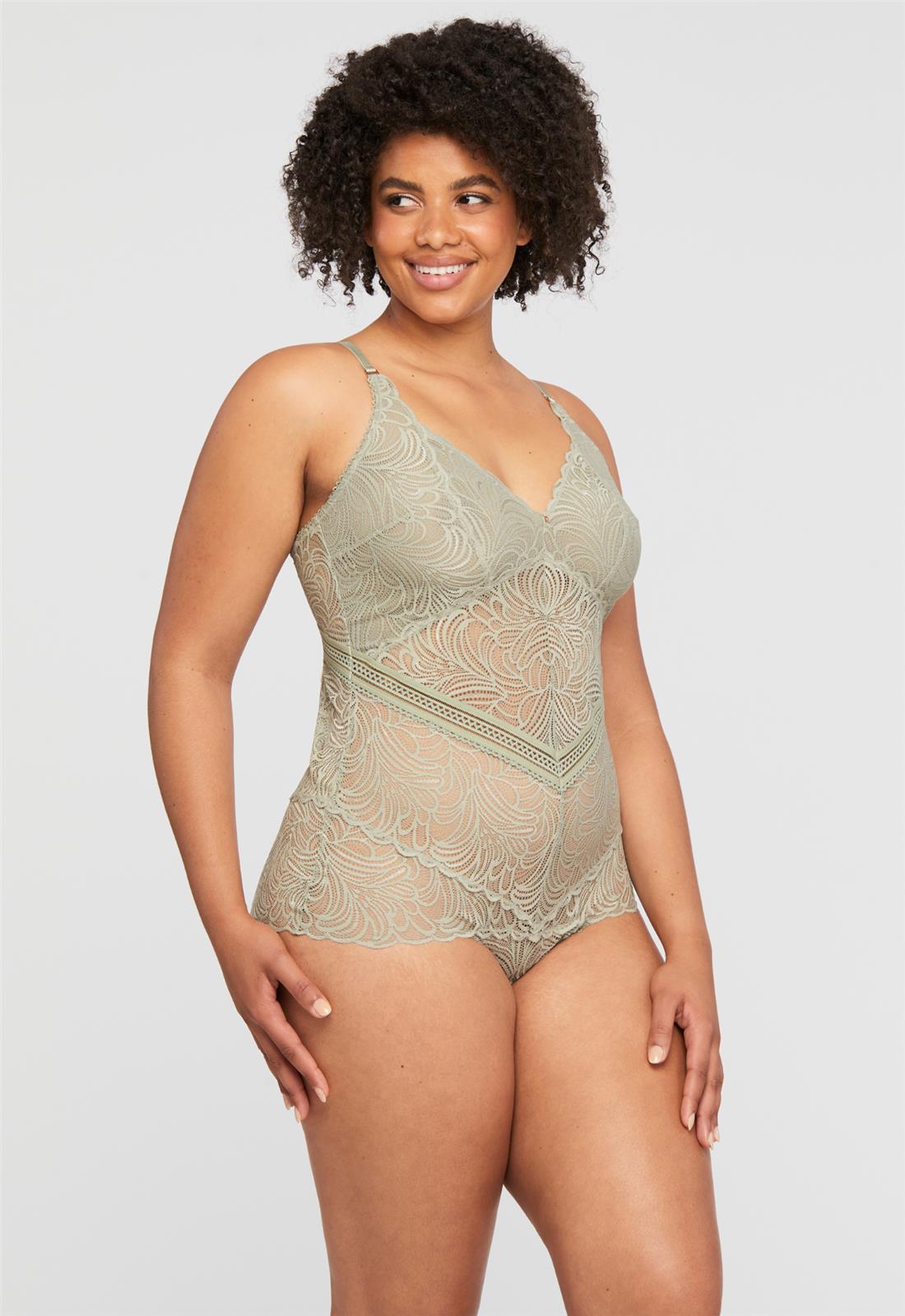 London Fog Lacey Bodysuit - Sage, worn by model, front view